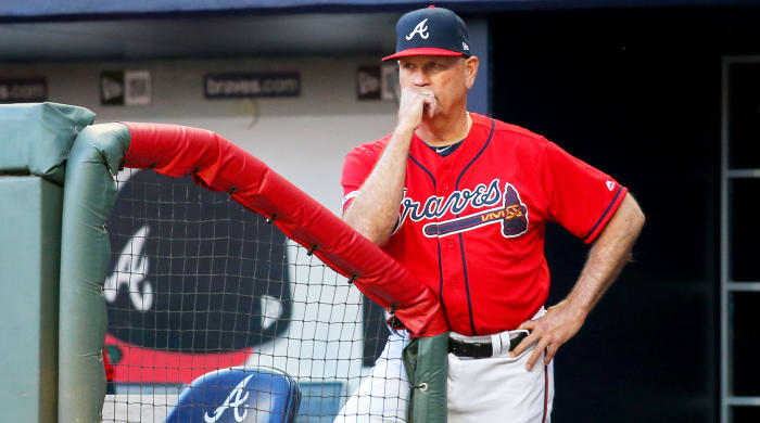 Apr 26, 2019; Atlanta, GA, USA; Atlanta Braves manager Brian Snitker (43) in the dugout against the Colorado Rockies in the first inning at SunTrust Park. Mandatory Credit: Brett Davis-USA TODAY Sports